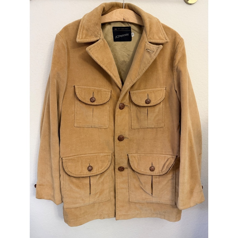 Vintage‎ JCPenney Mens Tan Corduroy Safari Field Jacket Size 38 Braided Trim